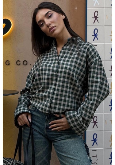 Madmext Yeşil Oversize Kareli Kadın Gömlek Mg2822