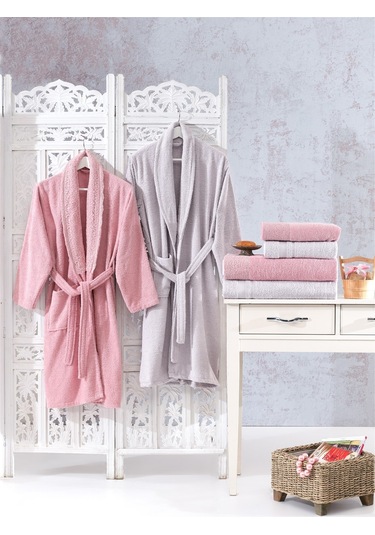Family Dantelli Pudra & Lila Aile Bornoz Seti 6 Parça Çeyizlik Ka