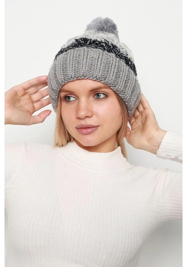 Ponpon Detay Örgü İçi Kürklü Kadın Bere Rkş-21 Gri Gri