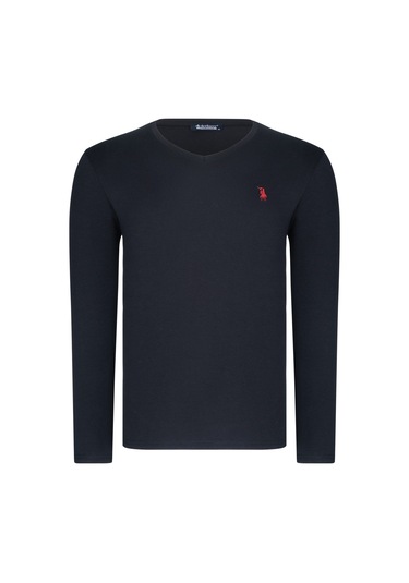 T8587 Dewberry V Yaka Erkek Uzun Kol T-shırt-açık Siyah Açık Siyah