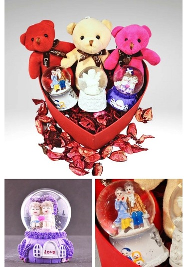 Aşkımsın Özel Kutuda Sevgiliye 3 Mini Ayıcık Ve 3 Mini Kar Küresi