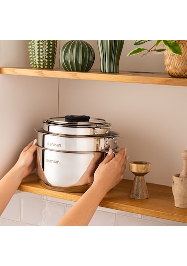 Emsan Steel Click 7 Parça Tencere Seti Açık Gri Gümüş