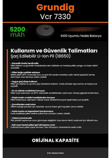Grundig Uyumlu Vcr 7330 5200mah Robot Süpürge Bataryası