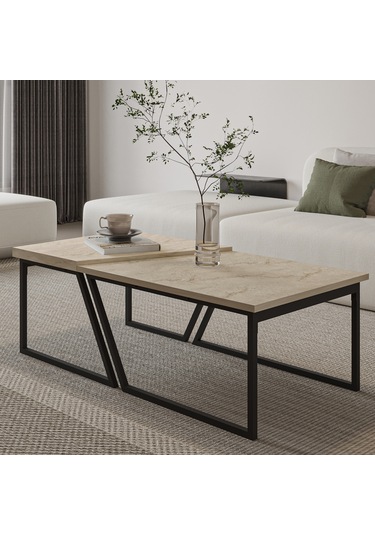 Verona İkili Orta Sehpa Modern Tasarım Metal Ayaklı Sehpa Seti Traverten