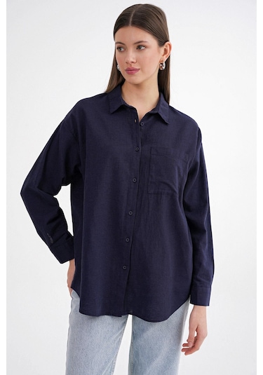 Mixray 4670 Kadın Cepli Oversize Basic Keten Gömlek Lacivert