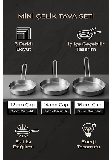 Makri Home 3 Lü Kompakt Çelik Tava Seti 12 Cm, 14 Cm, 16 Cm Krom