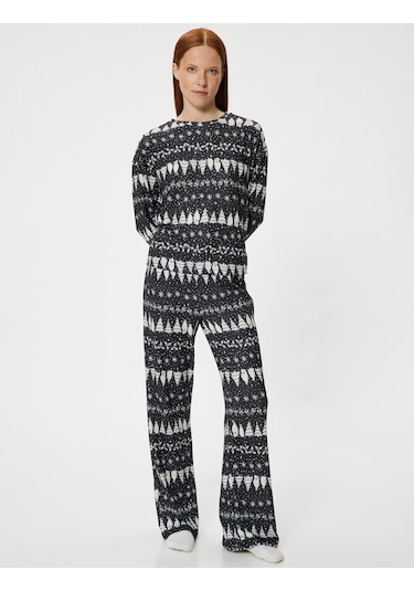 Koton Yılbaşı Temalı Pijama Altı Düz Bol Paça Rahat Kalıp Siyah Desenli 5wlk40008mk Siyah