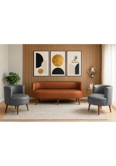 Sydney Koltuk Takımı 3+1+1 Dekoratif Modern Deri Koltuk Seti Ofis Ve Ev Kullanımı - Taba / Gri Taba / Gri