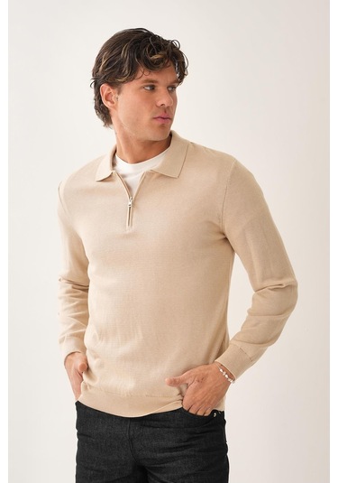 Fermuarlı Polo Yaka Kazak Taş