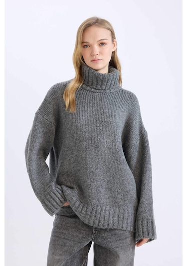 DeFacto Oversize Geniş Kalıp Balıkçı Yaka Basic Düz Triko Kazak Tunik A6445AX24CWAR192 Antrasit