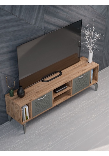 Tv Sehpası Tv Ünitesi Atlantik Çam Antrasit Gümüş 160 Cm Linya 5041 Metalik