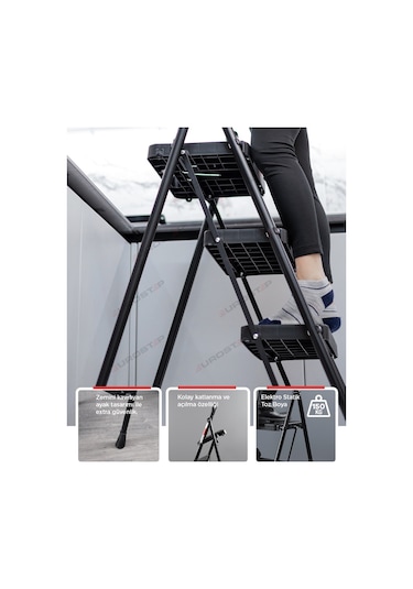 3 Basamak Siyah Merdiven Geniş Basamaklı EUROTOWER