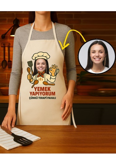 Kişiye Özel Karikatür Fotoğraflı Mutfak Önlüğü Terapi Pahalı Krem