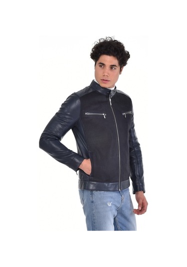 Hakiki Deri Siyah Erkek Deri Mont Önden Kumaş Detaylı Üst Ve Yandan Fermuarlı Deri Ceket Siyah