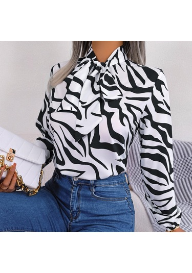 Gmxıa Kadın Modası Rahat Yaz Uzun Kollu V Yaka Bluzlar Ve Mizaç Kontrast Renkli Çizgili Şifon Gömlek Fener Kollu Gömlekler Siyah