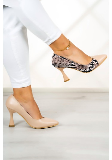 Jatqılı Plus Ten Yılan Kadeh Topuklu Ayakkabı Bej Yılan
