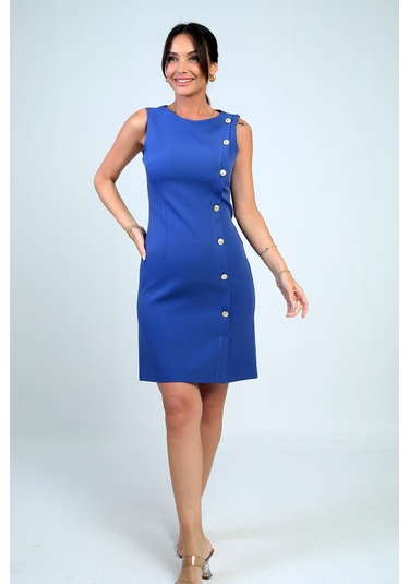 Kadın Kendinden Telalı Yan Düğmeli Kısa Elbise-41000 Indigo