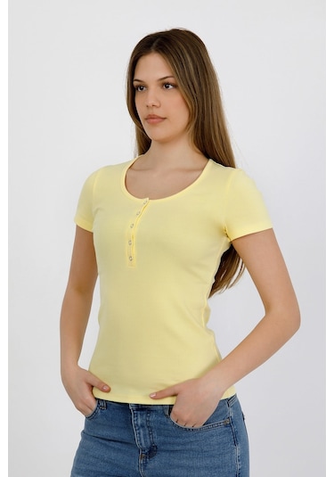 Hdm Kadın Esnek Fitilli Yakası Çıtçıtlı Sarı Kısa Kol Basic Örme Bluz - H5993
