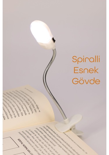 Kitap Okuma Işığı Mandallı Çok Fonksiyonlu Led Mini Çalışma Lambası Pilli Spiral Gövde 168b Beyaz