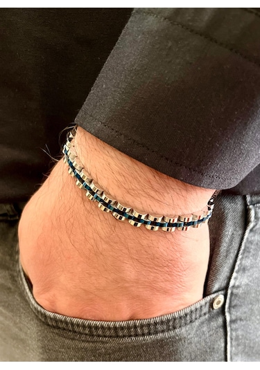 Gns Aksesuar Lacivert İnce Şık Çelik Paslanmaz Erkek Bileklik 21cm Lacivert