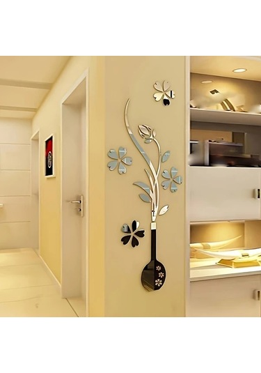 Fochsia Parlak 3d Akrilik Çiçek Vazosu Duvar Dekoru - Kendinden Yapışkanlı, Gümüş Desen, Oturma Odası Ve Tv Dekoru Gümüşi