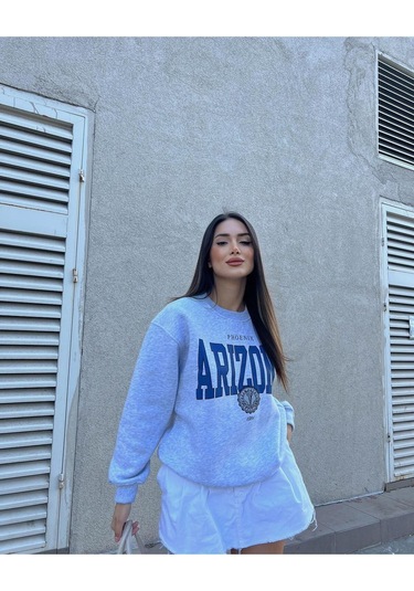 Arizona Yazılı Sweatshirt - Gri Baskılı Oversize Bisiklet Yaka Gri