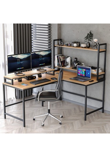 Ebru Raflı L Şekilli Ofis Masası -610-e Meşe