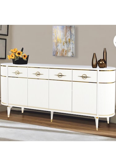 Maya Beyaz Gold Lüks Konsol 4 Kapaklı Şerit Detaylı Metal Ayaklı Tasarım 180x45x84 Cm Beyaz - Gold