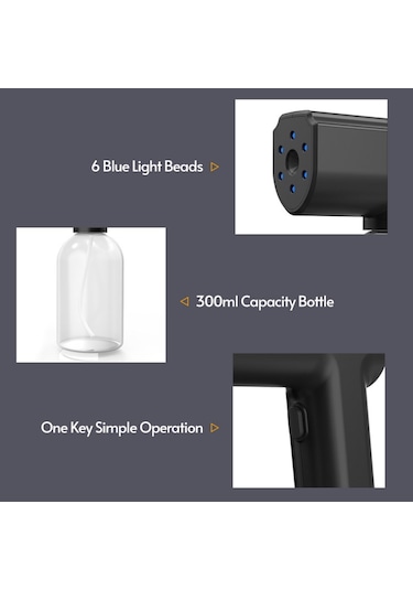 Leezsing Nano Atomizer Sprey Kablosuz Mavi Işık Elde Taşınabilir Şarj Edilebilir Dezenfektan Sisleme Makinesi 300ml/ 10oz Kapasiteli D-6