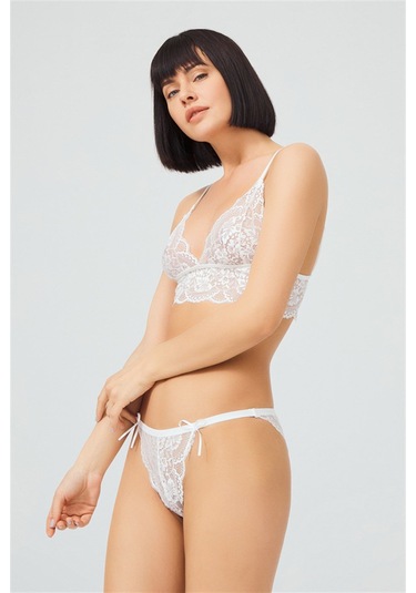 Krem Dantelli Transparan Balensiz Kadın Sütyen Takımı Krem