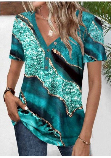 Leyla Sanat Sanata Yeni Bir Bakış Açısı Kadın Kısa Kollu V Yakalı Önden Düğmeli Baskılı Süprem Bluz Mavi