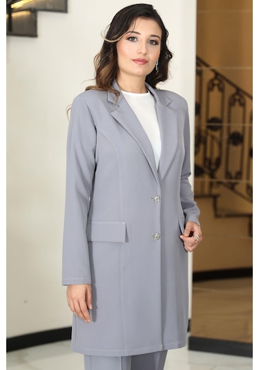 Parla Uzun Ceket Pantolon İkili Tesettür Takım Gri Gri