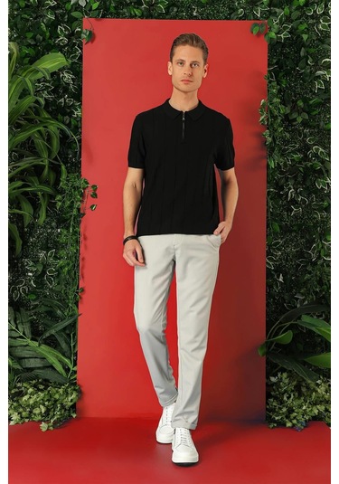 Slim Fit Fermuarlı Polo Yaka Kısa Kol Siyah Triko Tr 865 Siyah