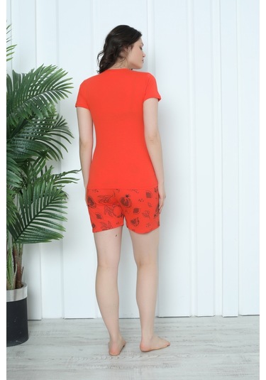 Mr 4300 Pamuklu Kısa Kollu Şortl Penye Takım Pijama Takımı Nar Desenli - Turuncu