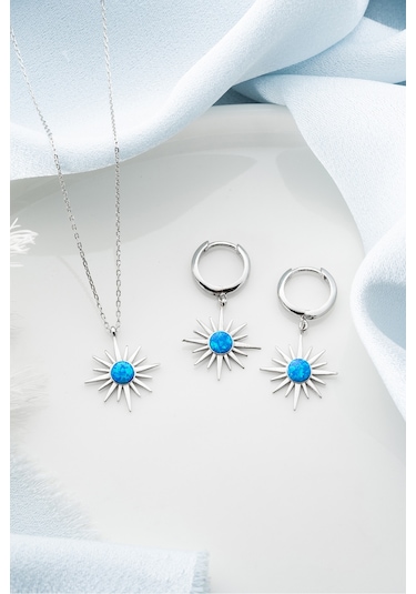 Çekirdekjewelry 925 Ayar Gümüş Opal Taşlı Kolye Küpe Seti Gri