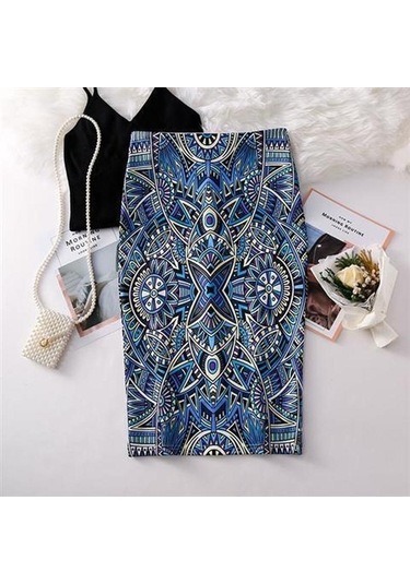 Mavi Yaz Baskı Zarif Kalem Etek Kadın Yüksek Bel Diz Boyu Etek Kadın Mavi