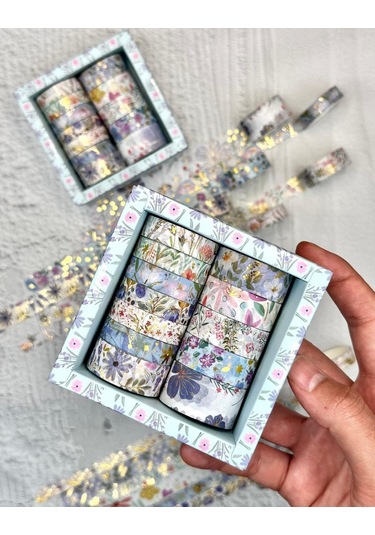Kare Vintage Washi Tape Bant Yapışkanlı Maskeleme Kağıdı Desenli Bant 12'li - Mavi Çiçekler 1