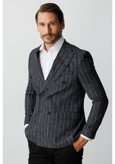 Erkek Siyah Slım Fıt / Dar Kalıp Geniş Kırlangıç Ceket-20007 Siyah