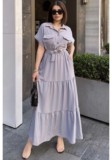 Gri Kısa Kol, Airobin Kumaş, Yarım Patlı, Kemerli/kuşaklı, Eteği Pliseli, Cepli Maxi Uzun Elbise Gri