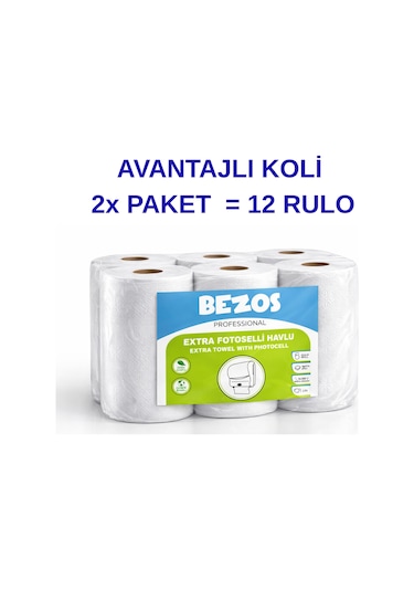 Bezos Professional Fotoselli Havlu 12 Rulo 2 Katlı %100 Selüloz 21 Cm Endüstriyel Kağıt Havlu 2x6 Rulo
