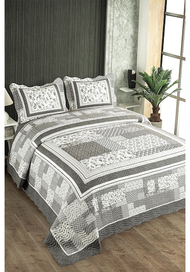Örtüm Luna Çift Kişilik Kapitone Yatak Örtüsü Takımı - Gri Gri