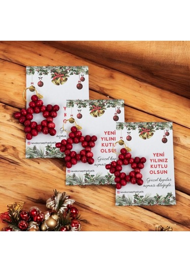 Yılbaşı-yeni Yıl Hediyesi 5 Adet Kırmızı Ahşap Boncuk Yıldız Anahtarlık