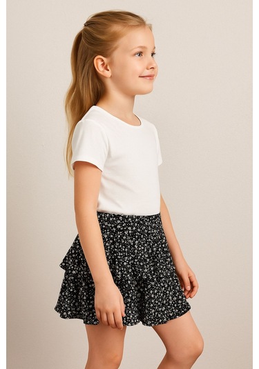 Kız Çocuk Siyah Çiçek Desenli Kat Kat Fırfırlı Mini Etek, Kız Çocuk Etek Siyah