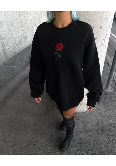 Oversize Üç İplik Bisiklet Yaka Baskılı Sweatshirt - Siyah Siyah