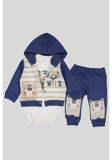 Kamp Desenli Kapüşonlu % 100 Pamuk Erkek Bebek Takımı Lacivert