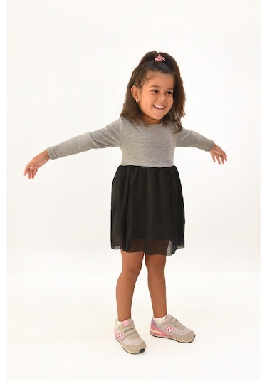 Luess Kız Çocuk Tül Detaylı Triko Elbise-gri Gri