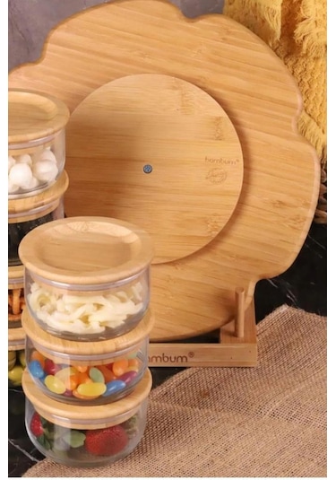 Duo - 7'li Dönen Tepsili Bambu Silikonlu Kapaklı Hava Aldırmaz Cam Kahvaltılık 300 Ml Kahverengi