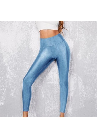 Yüksek Esneklik Kadın Tayt Dar Kesim Düz Renk Parlak Yüksek Bel Yoga Pantolonu İlkbahar Sonbahar Aktif Giyim Açık Mavi