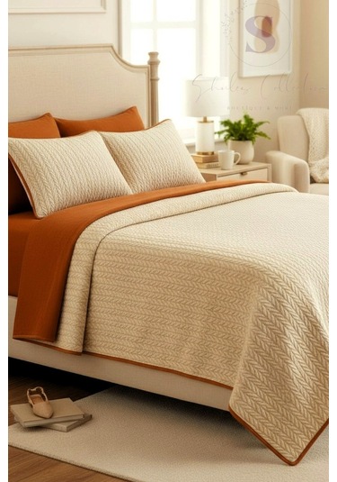 Turuncu-krem Örgü Desen Çift Kişilik Nevresim Takımı Pike Tkm Çok Renkli