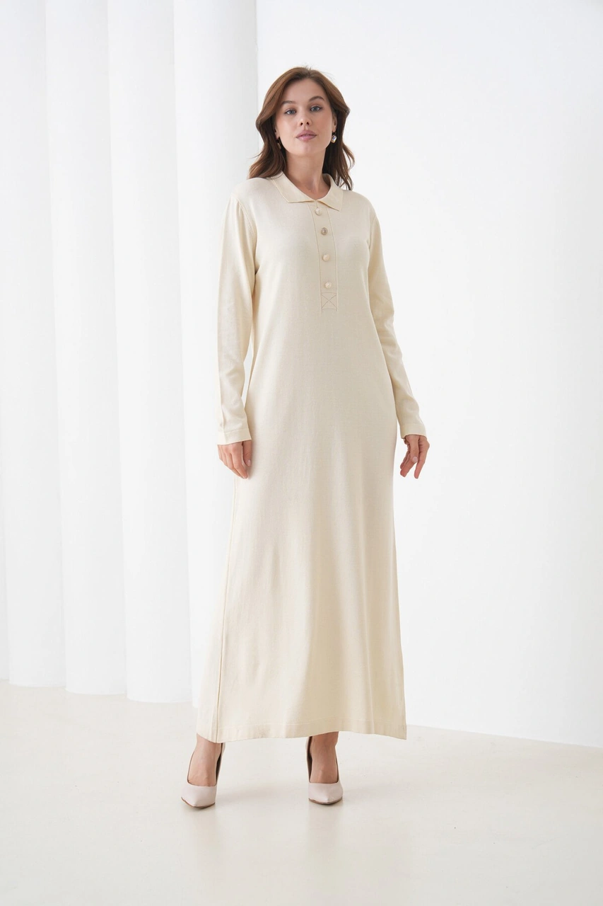 Kadın Uzun Kol Gömlek Yaka Triko Önden Düğmeli Triko Spor Şık Elbise Bej